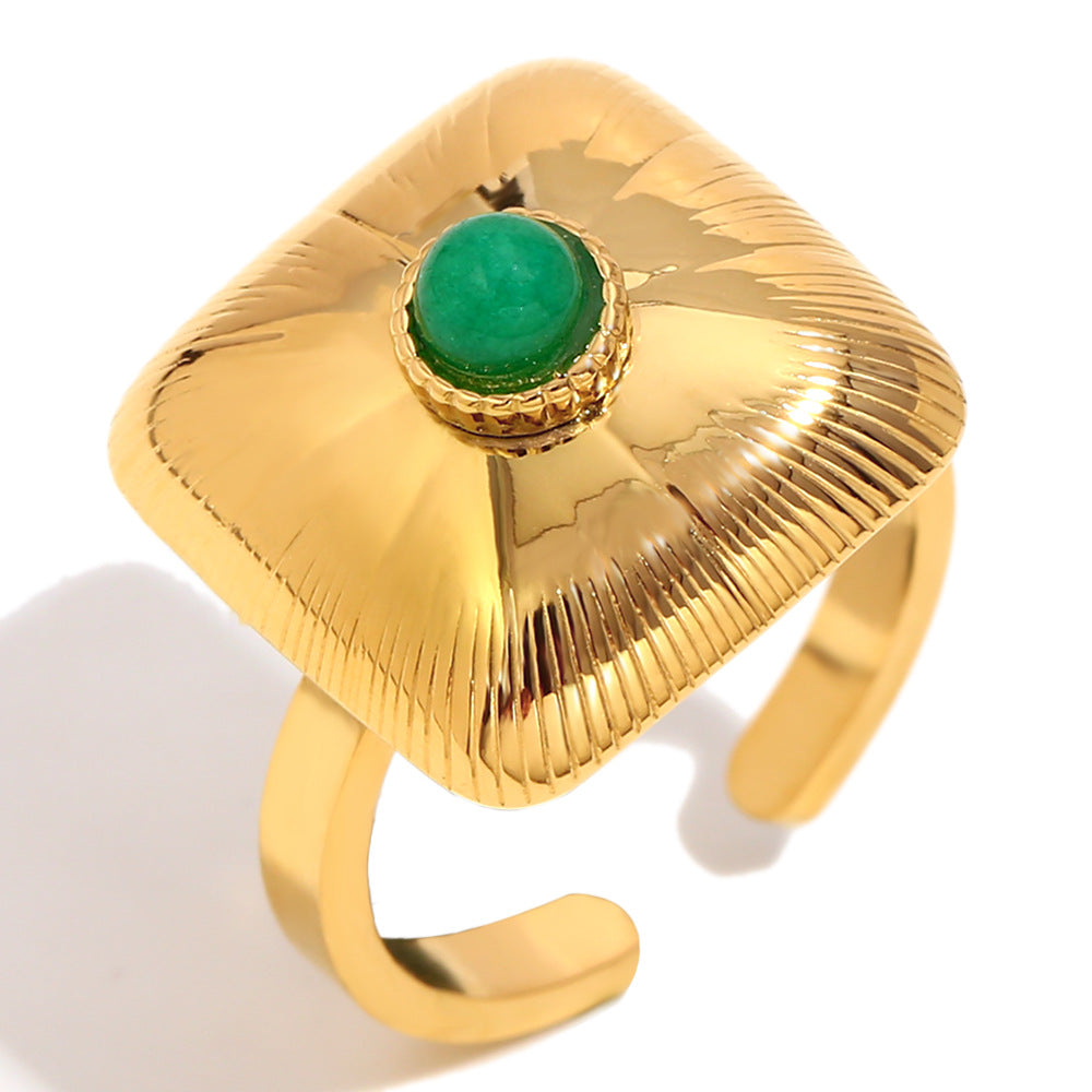 Vintage Geometric Stainless Steel Ring with 18K Gold Plating and Emerald Green Accent for Women