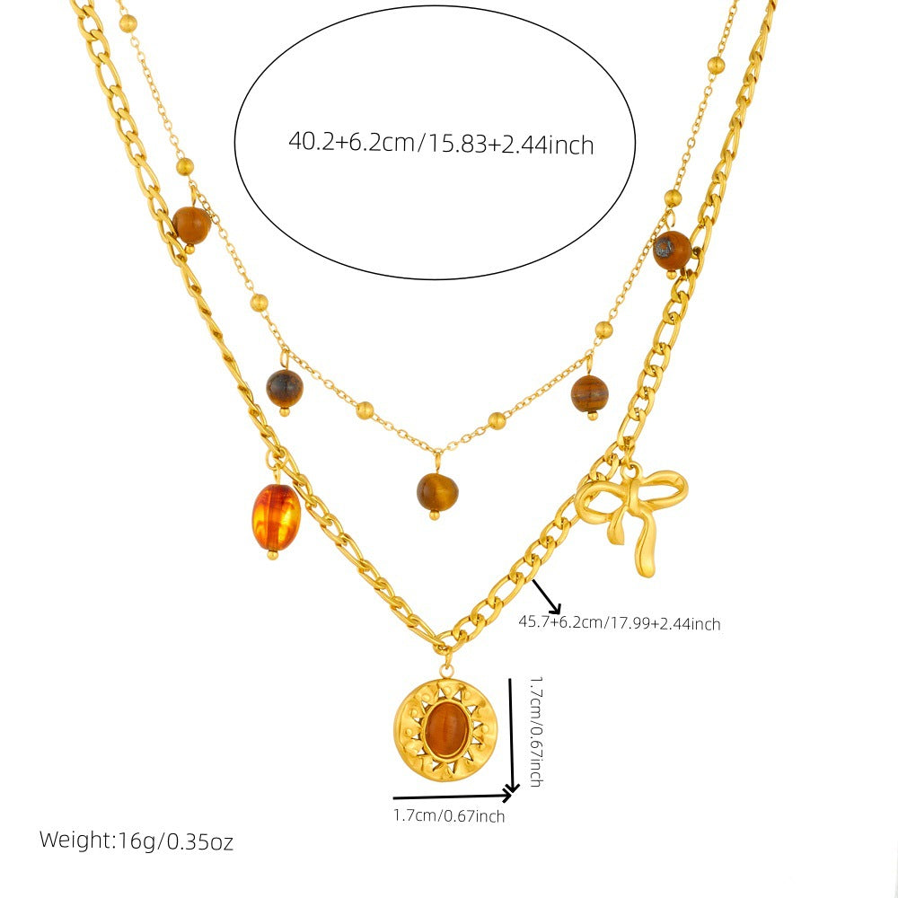 Vintage Round Sun Tiger Eye Stainless Steel Plated Butterfly Pendant Double Layer Serpentine Chain Necklace for Women
