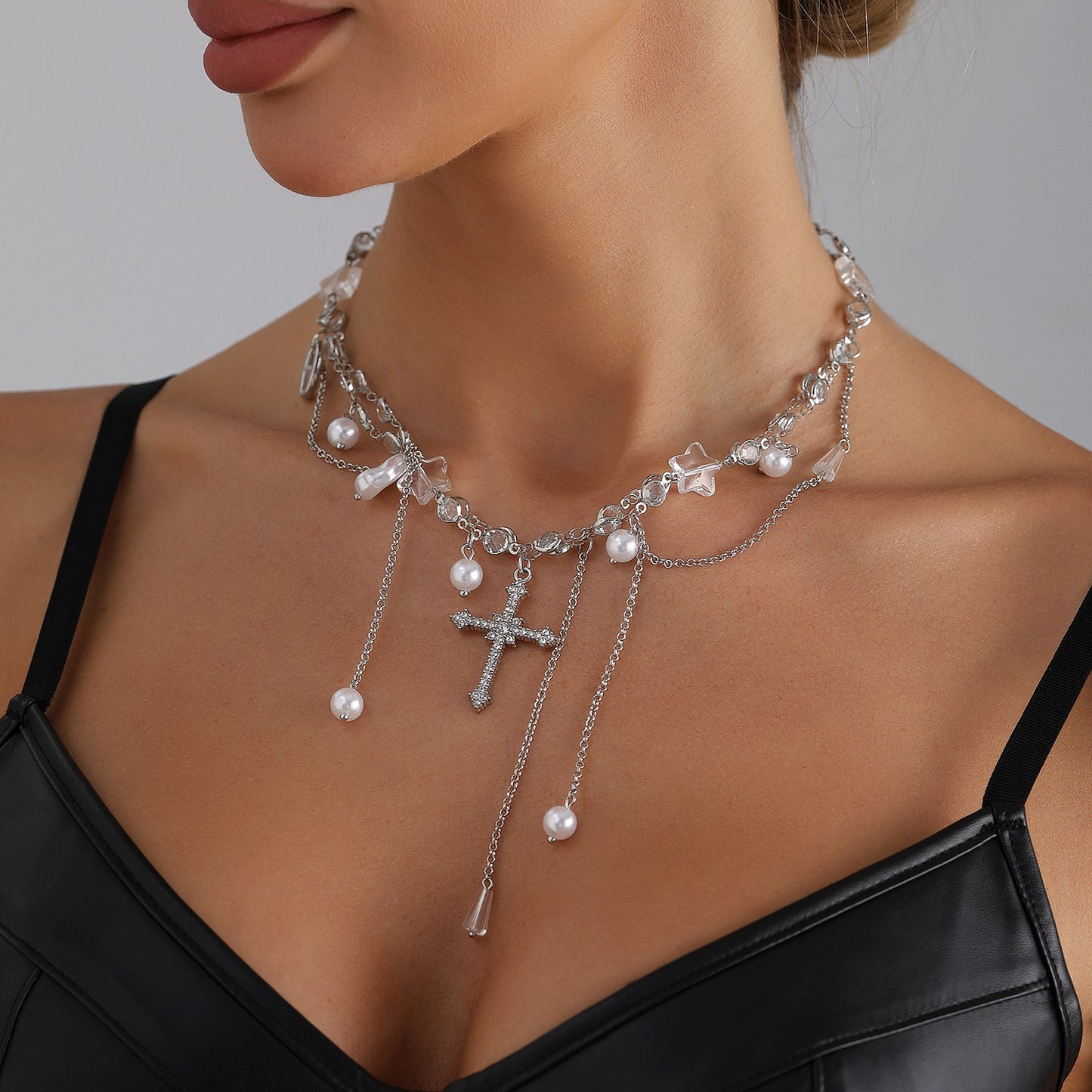 Sweet Minimalist Geometric Cross Star Alloy Plated Necklace with Pearl and Crystal Inlay for Women