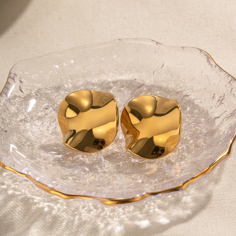 Geometric Stainless Steel Earrings with 18K Gold Plating, Textured Round Design, Elegant Women's Fashion Earrings