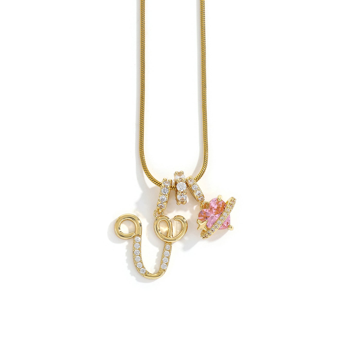 Collana con ciondolo a lettera minimalista in rame con intarsio di zirconi dal design geometrico per donna