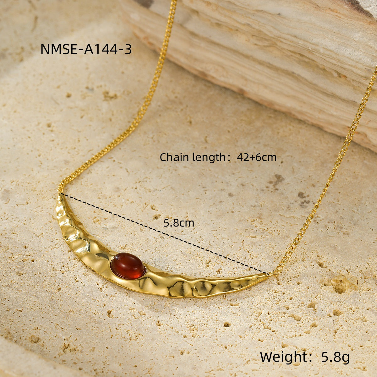 Vintage French Minimalist Stainless Steel Crescent Moon Pendant Necklace with Natural Stone Inlay, Hypoallergenic and Fade-Resistant Clavicle Chain