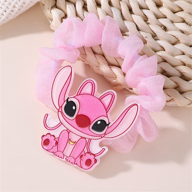Cute Pink Stitch Hair Tie for Girls Cartoon Character Elastic Ponytail Holder Knitted Bow Headband Accessory