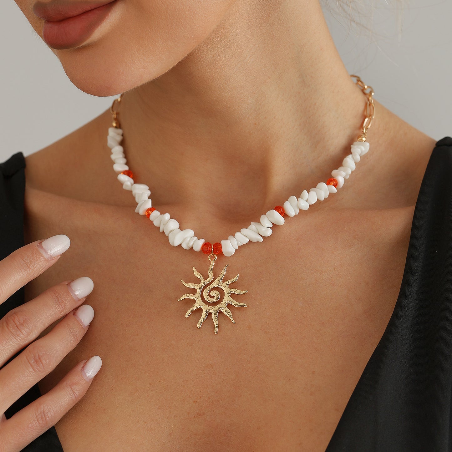 Bohemian Vintage Geometric Sunflower Plated Alloy Necklace with Irregular Gemstone Beads for Women