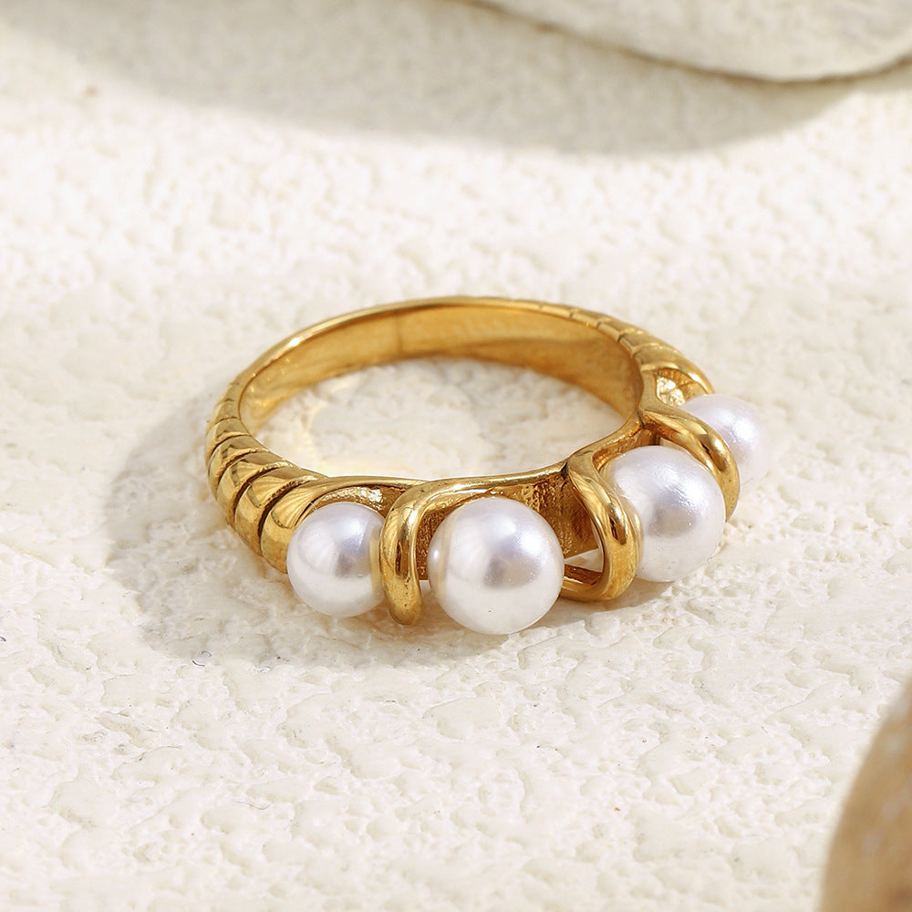 Minimalist Geometric Stainless Steel Plated 18K Gold Ring with Pearl Accent for Women