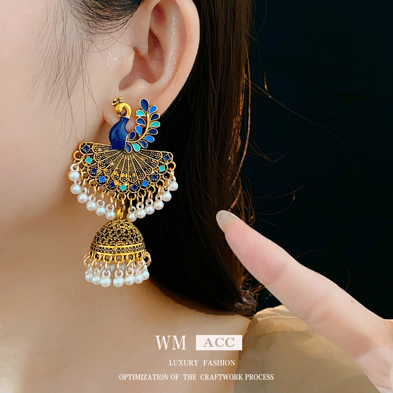 Pendientes colgantes geométricos de inspiración étnica vintage con acabado esmaltado y flecos para mujer