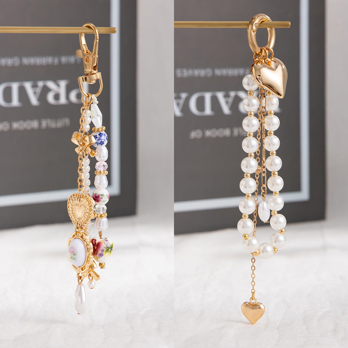 Minimalist Zinc Alloy Heart Pendant with Ceramic Pearl and Tassel Keychain Bag Charm