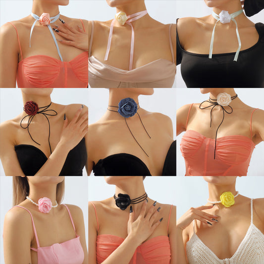 Sweet-Edgy Floral and Geometric 3D Fabric Rose Pearl Choker Necklace for Women