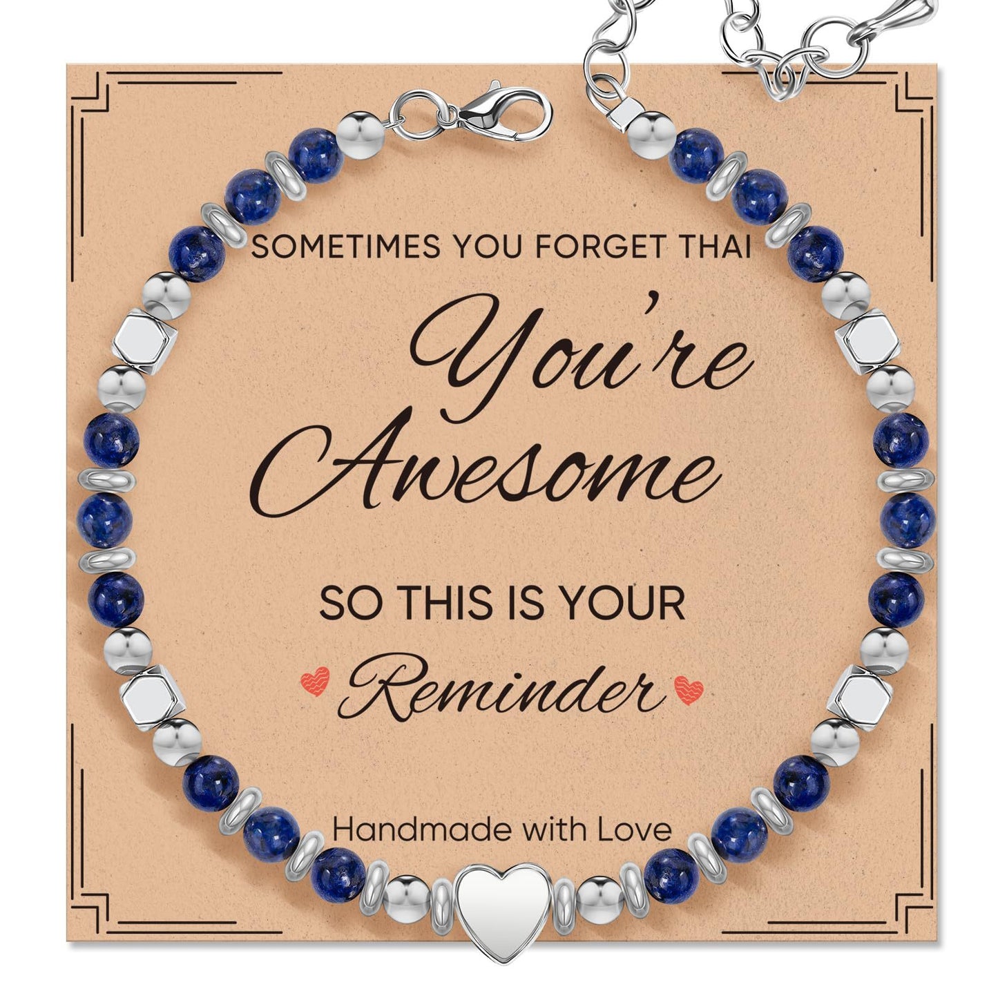 Natural Stone Lapis Lazuli Heart Charm Bar Stainless Steel Adjustable Bracelet Unisex Gift