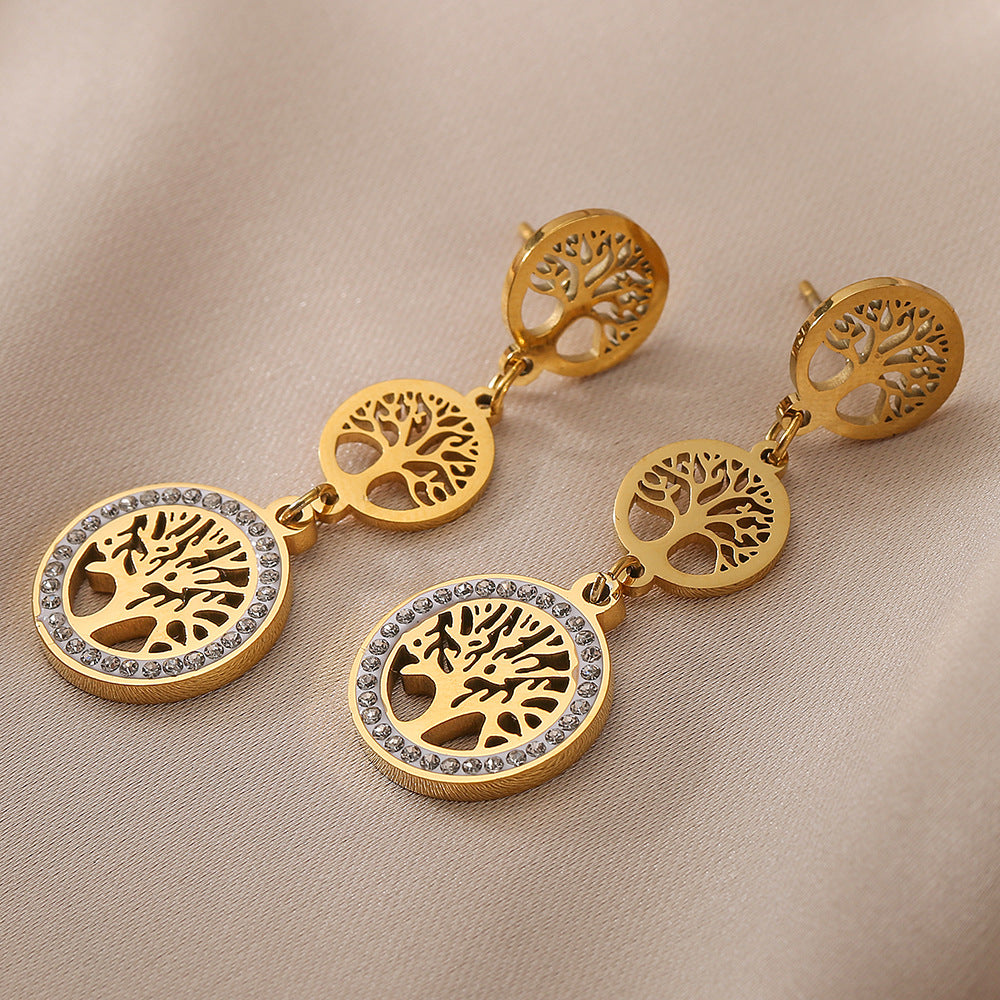 Minimalist Geometric Titanium Steel Earrings for Women with Rhinestone Tree Inlay and Plated Finish