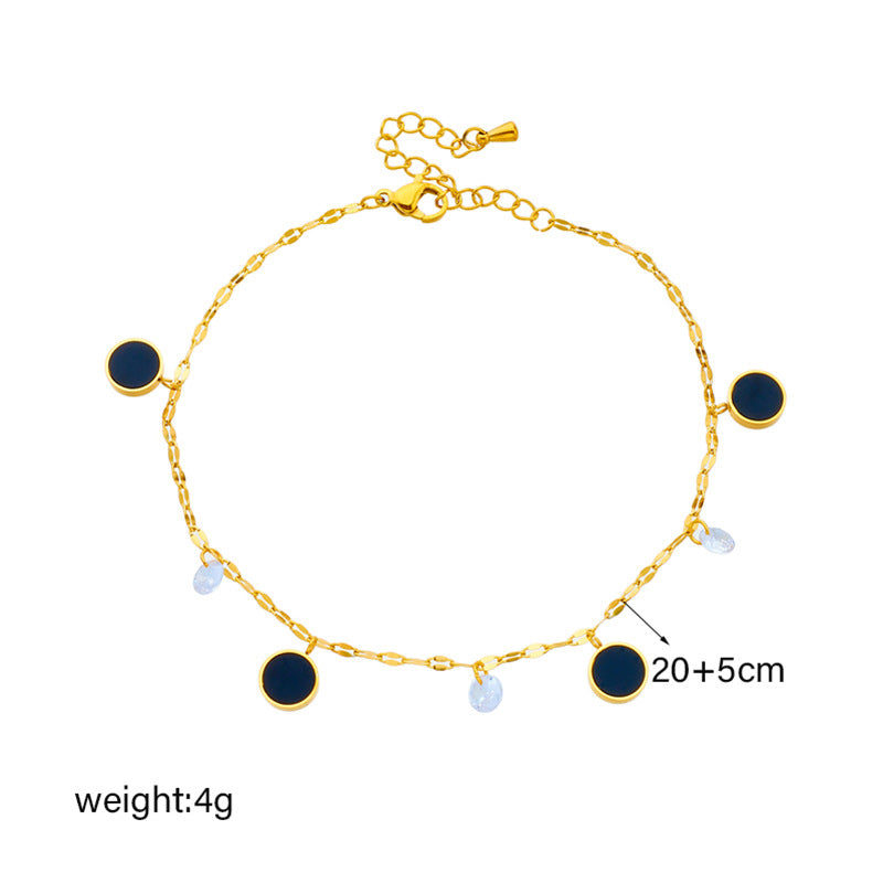 Cavigliera in titanio stile spiaggia con ciondolo circolare nero minimalista retrò di moda in strass trasparenti