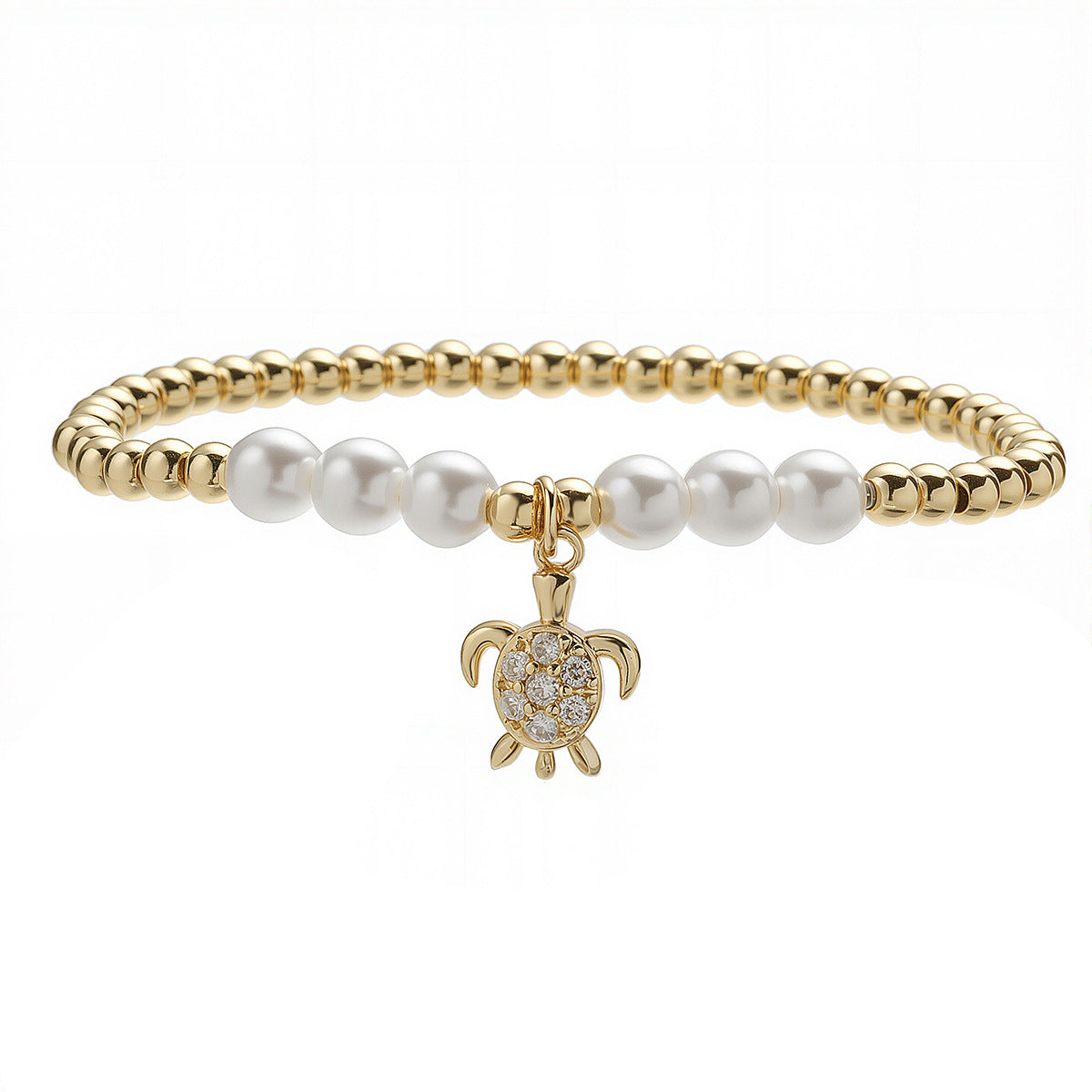 Fashion Minimalist 18K Gold Plated Brass Geometric Turtle Cubic Zirconia Pearl Ball Chain Bracelet for Women