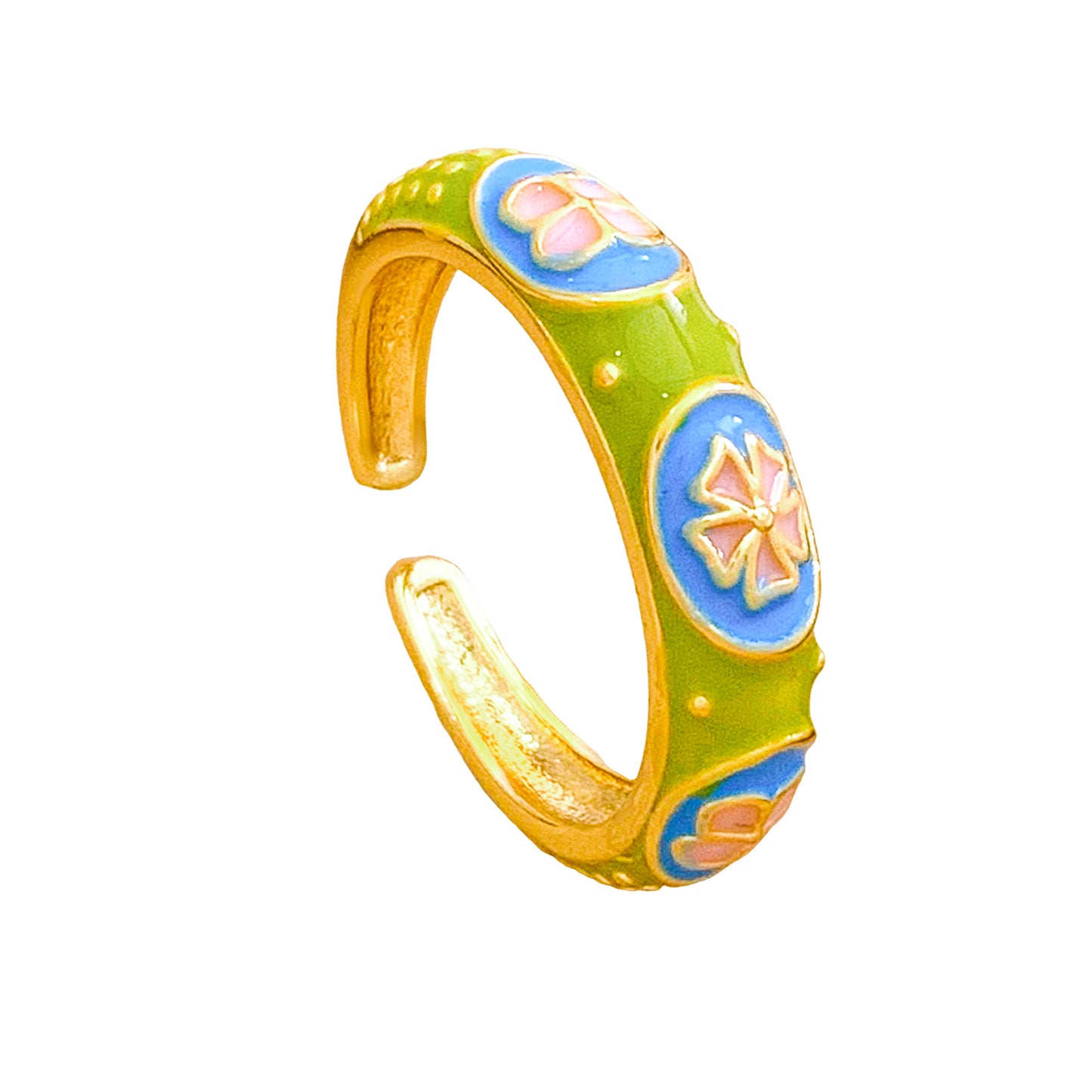 Sweet Minimalist Floral Enamel Gold Plated Brass Adjustable Ring for Women