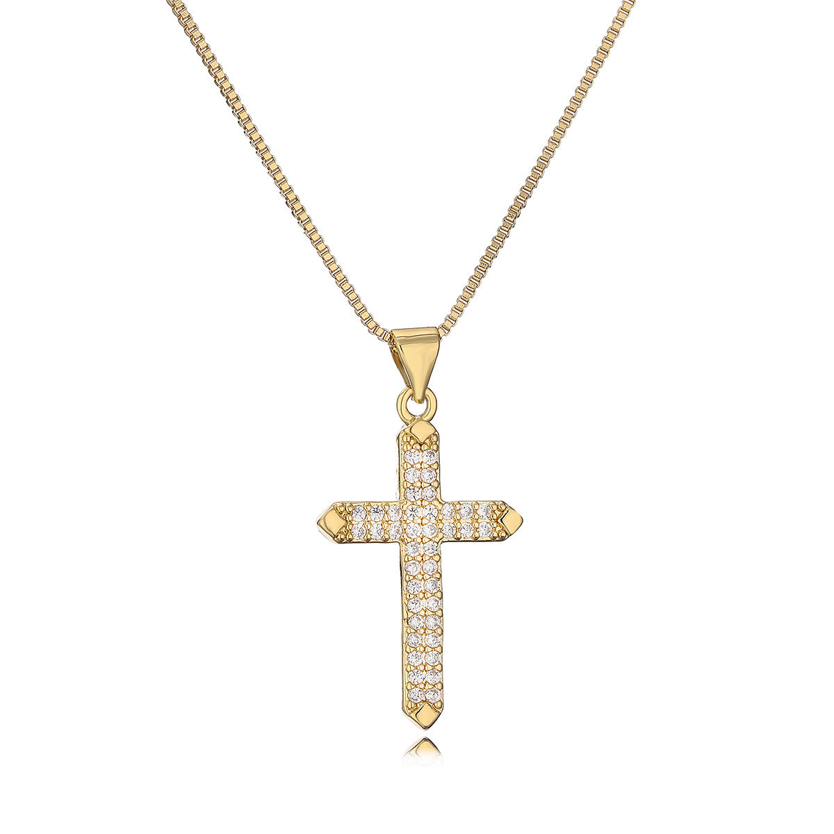 Collana con Pendente a Croce Minimalista da Donna in Rame con Placcatura in Oro 18K e Intarsio Completo di Zirconi