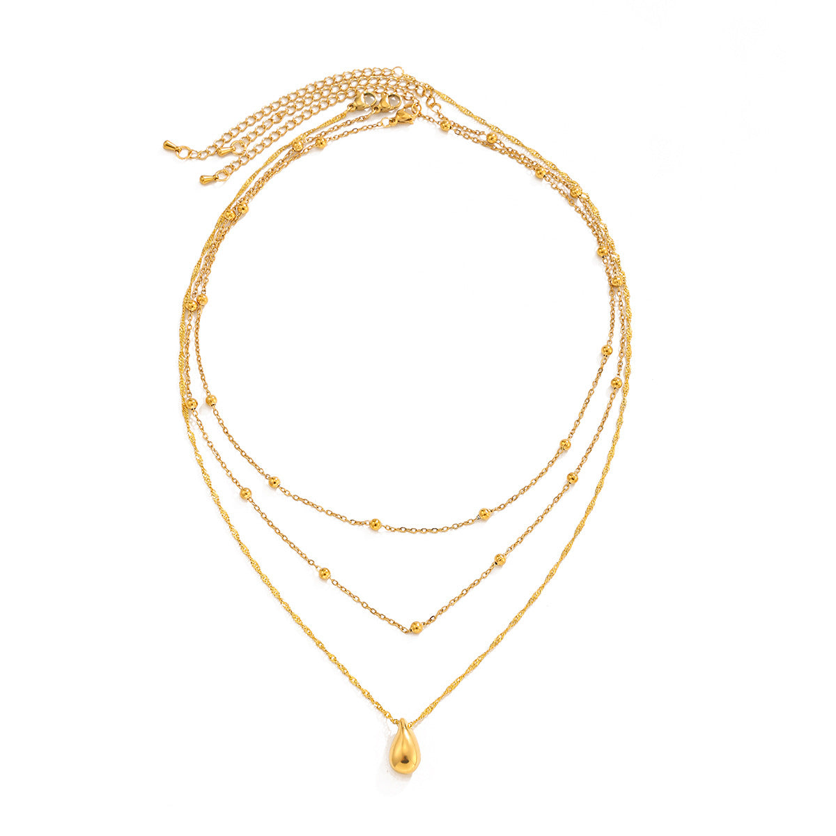 Sweet Punk Geometric Teardrop Stainless Steel 18K Gold Plated Pendant Necklace with Layered Chain for Women