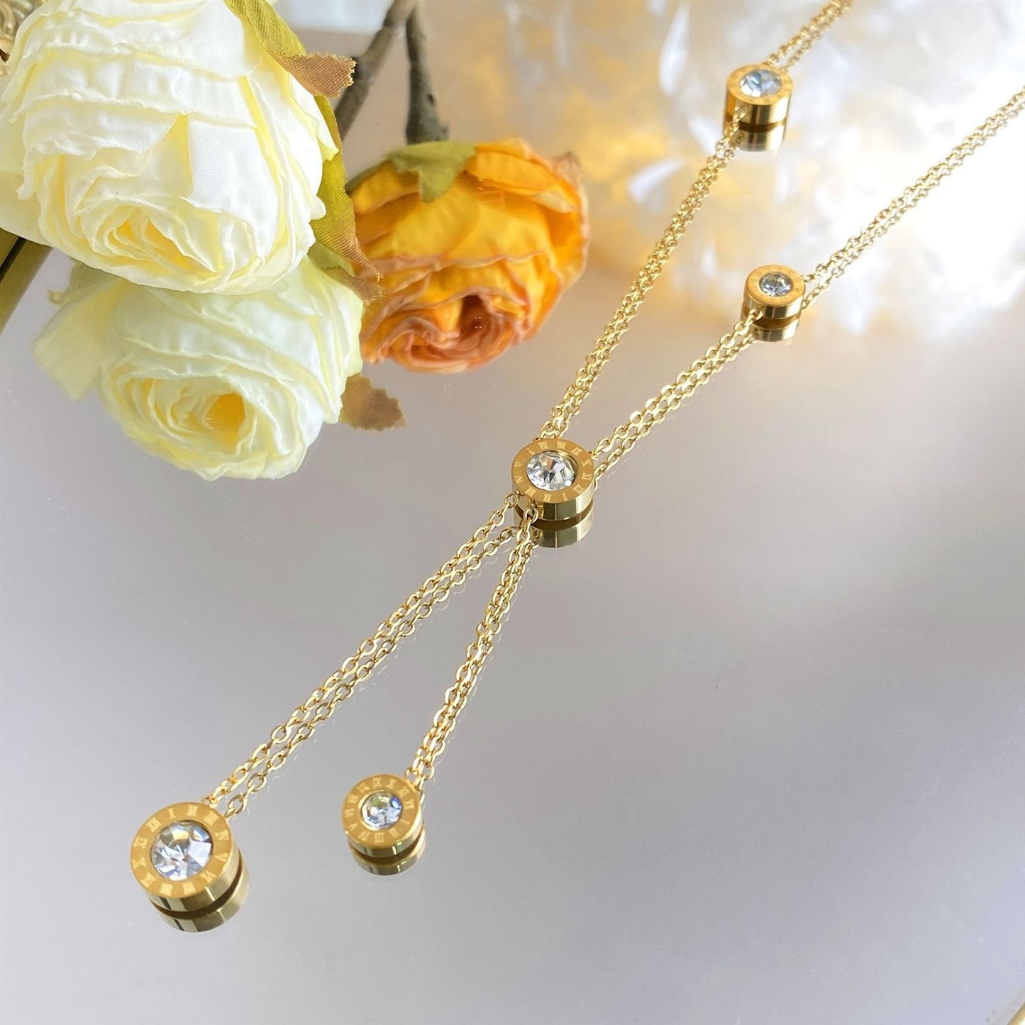 Elegant Minimalist Titanium Steel Micro-Inlaid Cubic Zirconia Geometric Round Pendant Necklace and Bracelet Set with Snake Chain