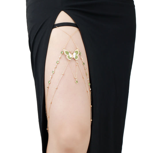 Cadena Elástica Sexy para Pierna para Mujer con Colgante de Mariposa Pintada Verde y Detalle de Borla en Aleación