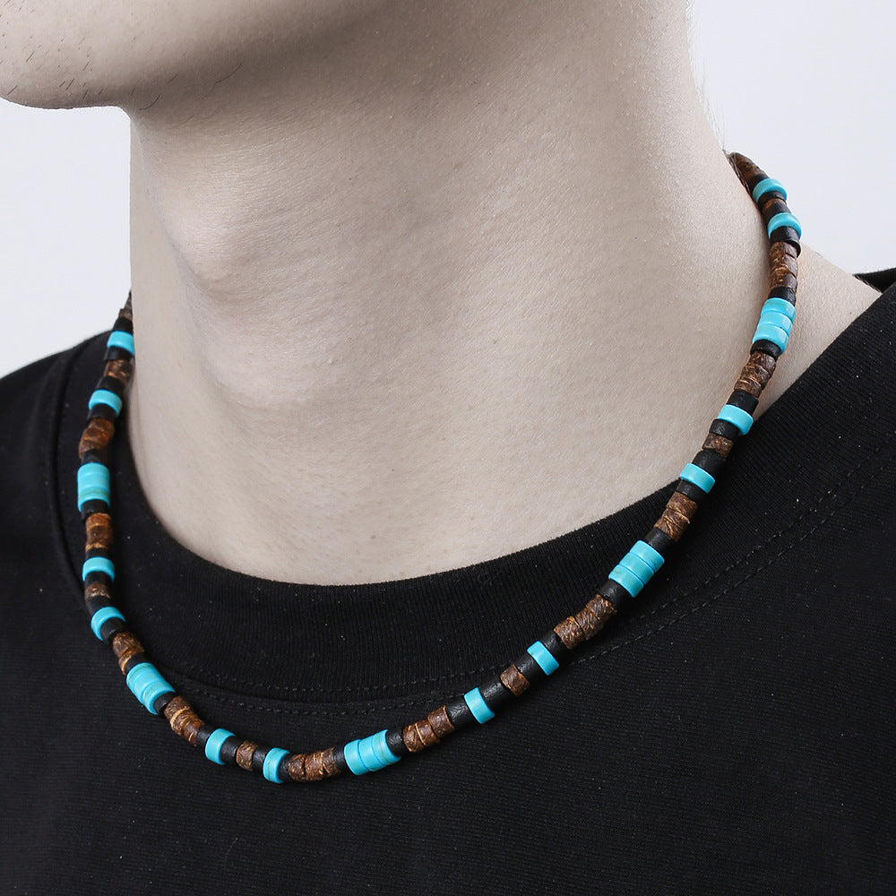 Bohemian Vintage Ethnic Punk Hip-hop Geometric Wood Coconut Shell Beaded Necklace with Turquoise Pendant