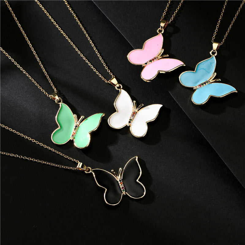 Sweet Solid Color Drip Oil Butterfly 18K Gold Plated Brass Necklace with Cubic Zirconia
