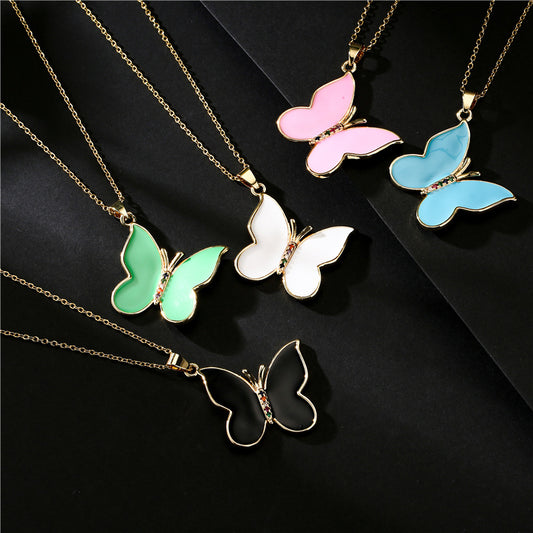 Sweet Solid Color Drip Oil Butterfly 18K Gold Plated Brass Necklace with Cubic Zirconia