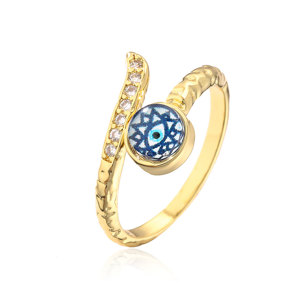 Anello aperto geometrico da donna con base in rame placcata in oro 18 carati e design a occhio turco con zirconi micro-incastonati