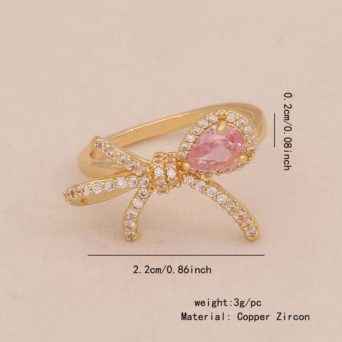 Fashionable Heart-Shaped and Bowknot-Designed Copper Ring with Cubic Zirconia Inlay for Women