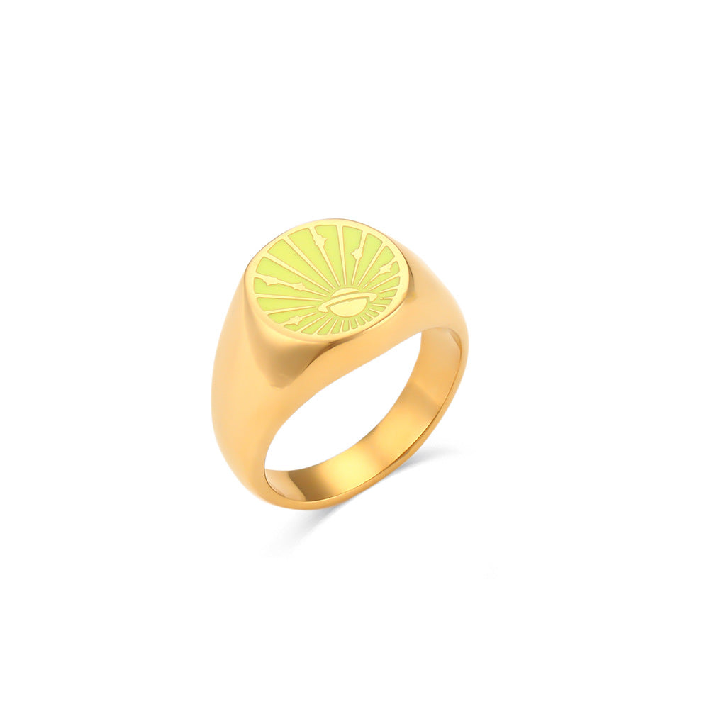 Anillo de mujer de esmalte con diseño de universo y planeta, chapado en oro de 18 quilates, de acero inoxidable geométrico, de inspiración vintage