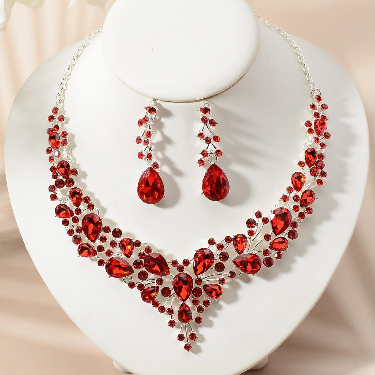 Luxury Elegant Floral Rhinestone Plated Necklace and Earring Set for Women Wedding Party