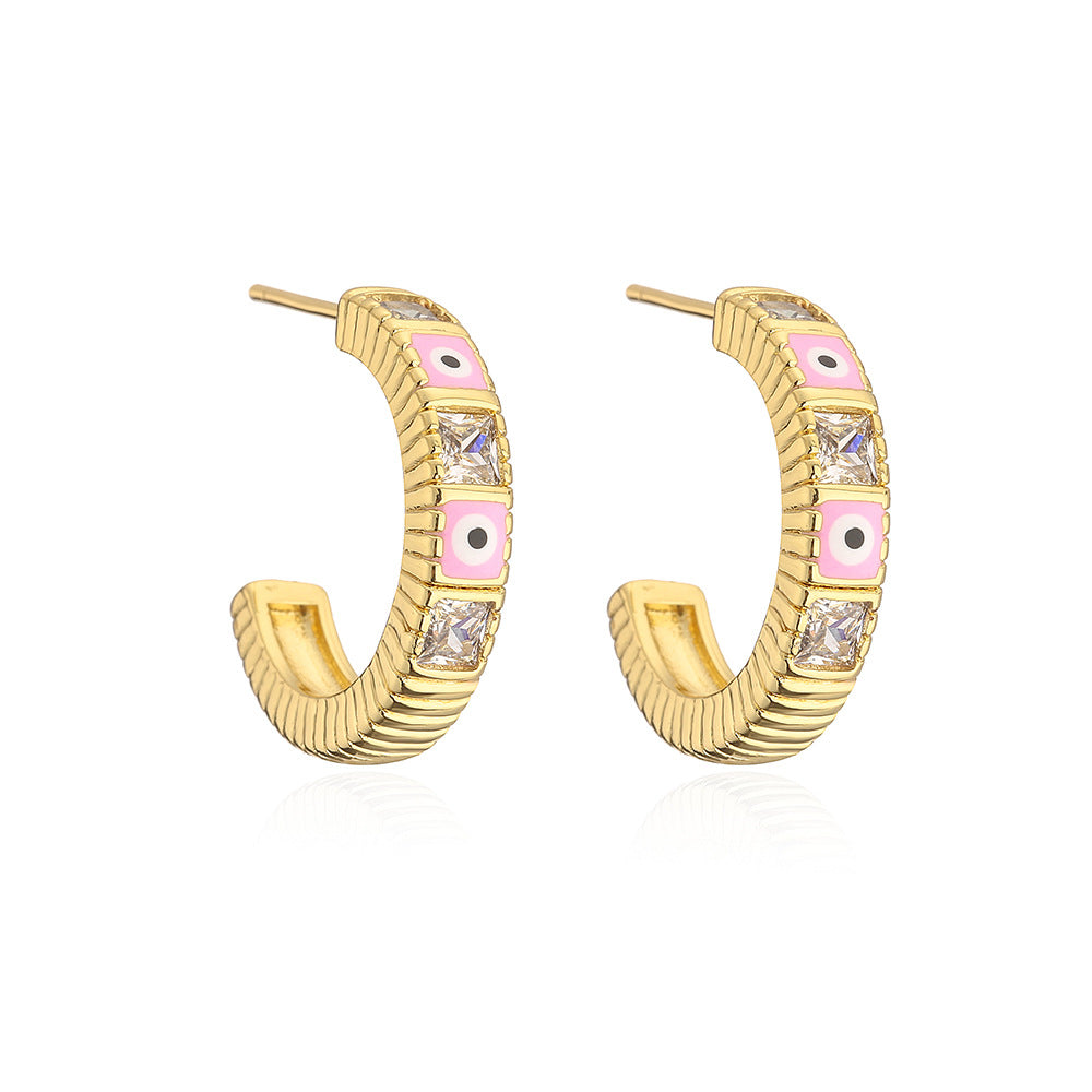 Vintage Geometric Eye-Shaped Copper Earrings with Gold Plating and Enamel Detail for Women