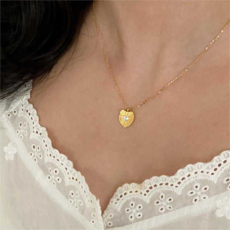 Minimalist Wrinkled Heart Pendant Necklace in 925 Sterling Silver with Rhinestone Inlay on Cross Chain
