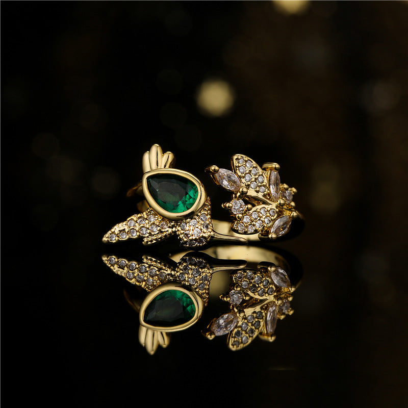 Gold Plated Brass Micro-Inlaid Cubic Zirconia Leaf Geometric Open Ring for Women