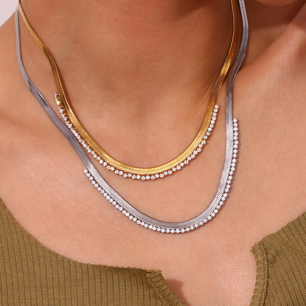 Minimalist Geometric Titanium Steel Plated Gold Fishbone Texture Inlaid Zircon Necklace for Women