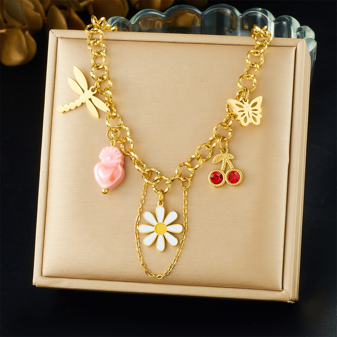 Sweet Drip Oil Floral Stainless Steel Necklace with Cherry and Daisy Pendant