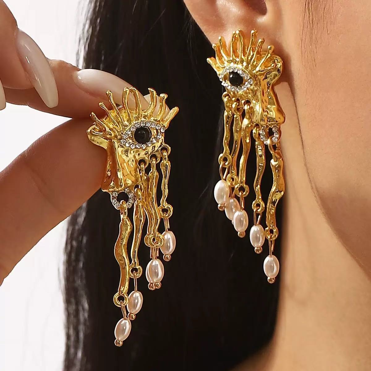 Orecchini pendenti da donna con strass a forma di Occhio di Allah esagerato, stile vintage