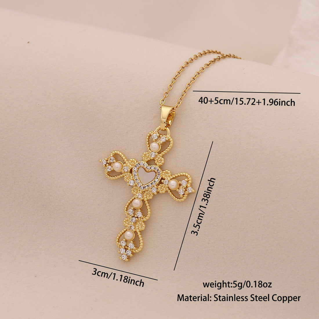 Collana personalizzata con croce in acciaio inossidabile, ciondolo in rame e perla finta