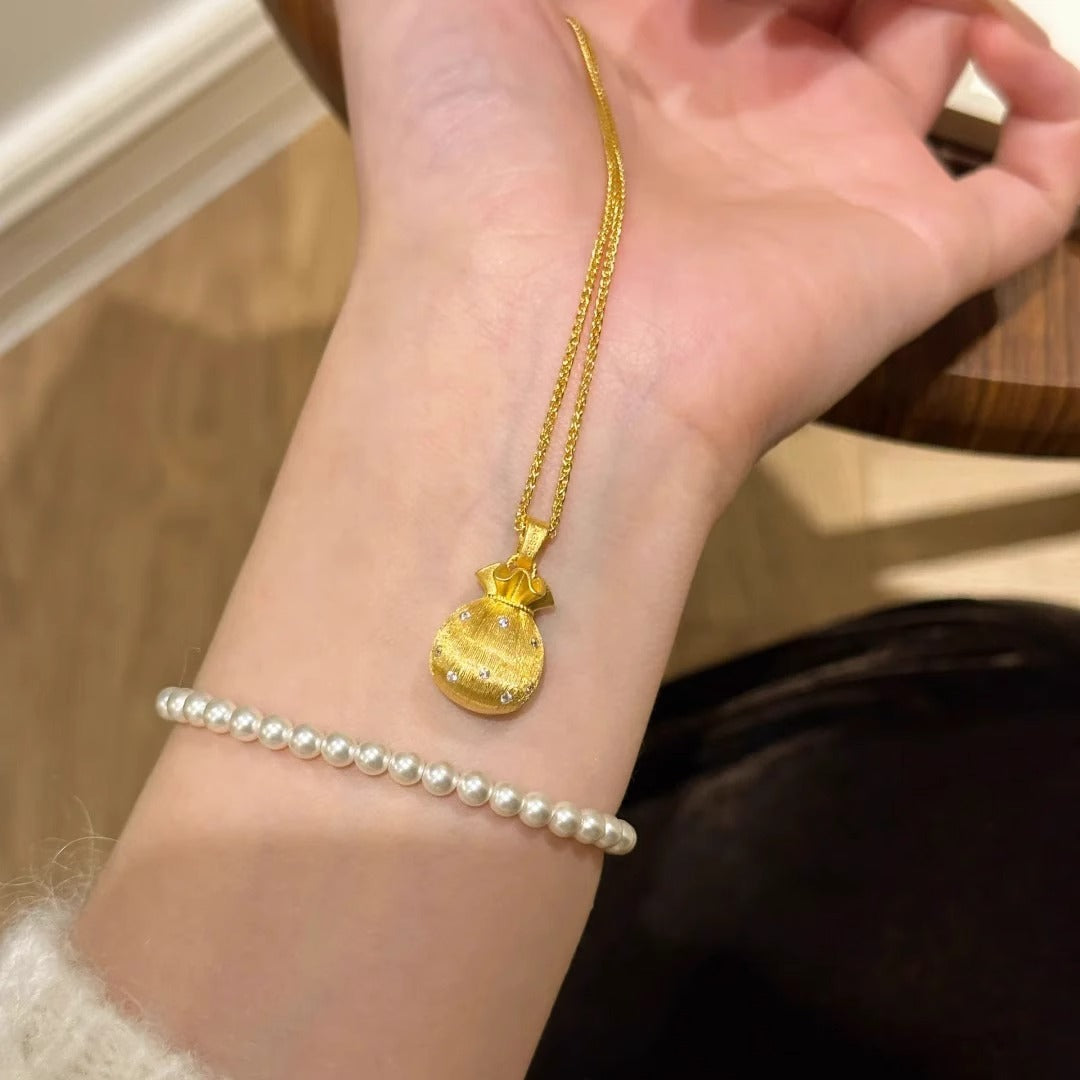 Vintage Gold Plated Brushed Brass Fortune Bag Necklace Unisex
