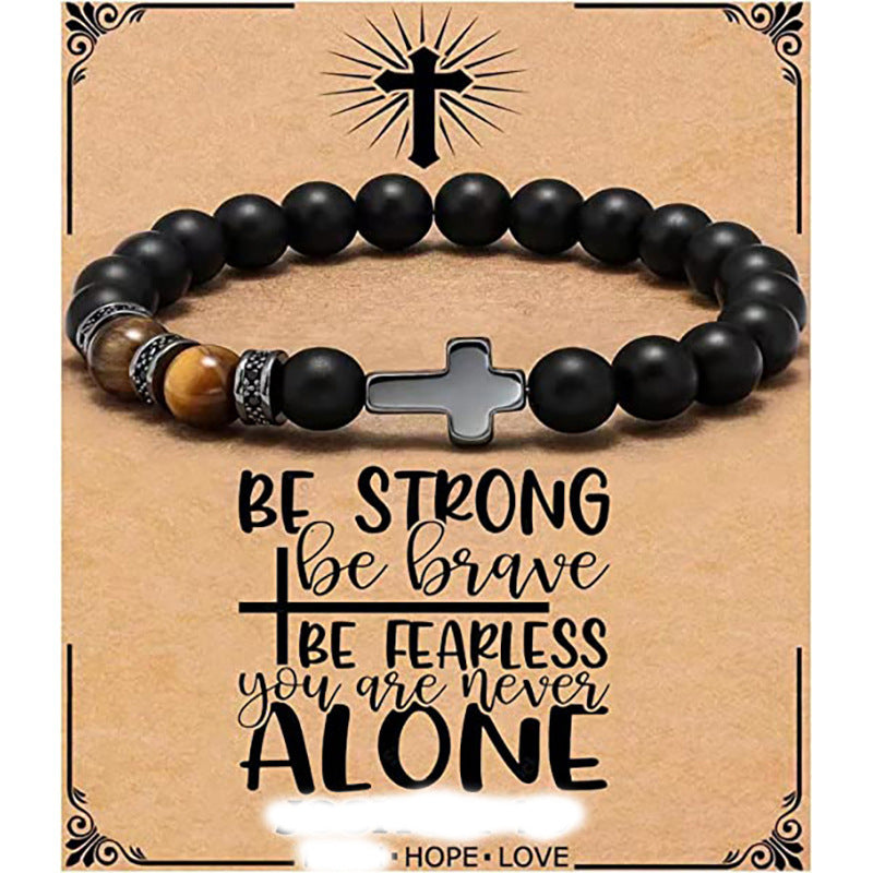 Minimalist Matte Black Beaded Bracelet with Small Cross Pendant Unisex Gift