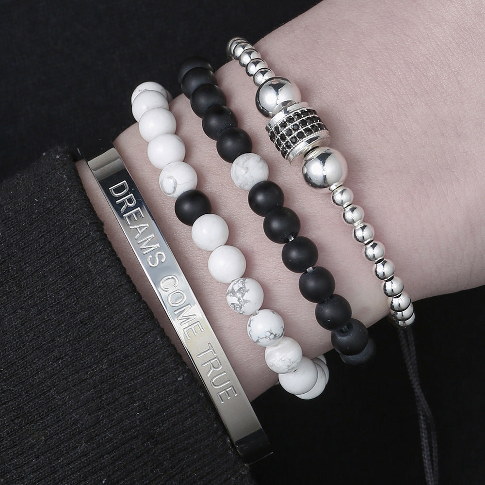 8mm Geometric Round Stainless Steel Bracelet Set with Turquoise and Rhinestone Inlay for Unisex