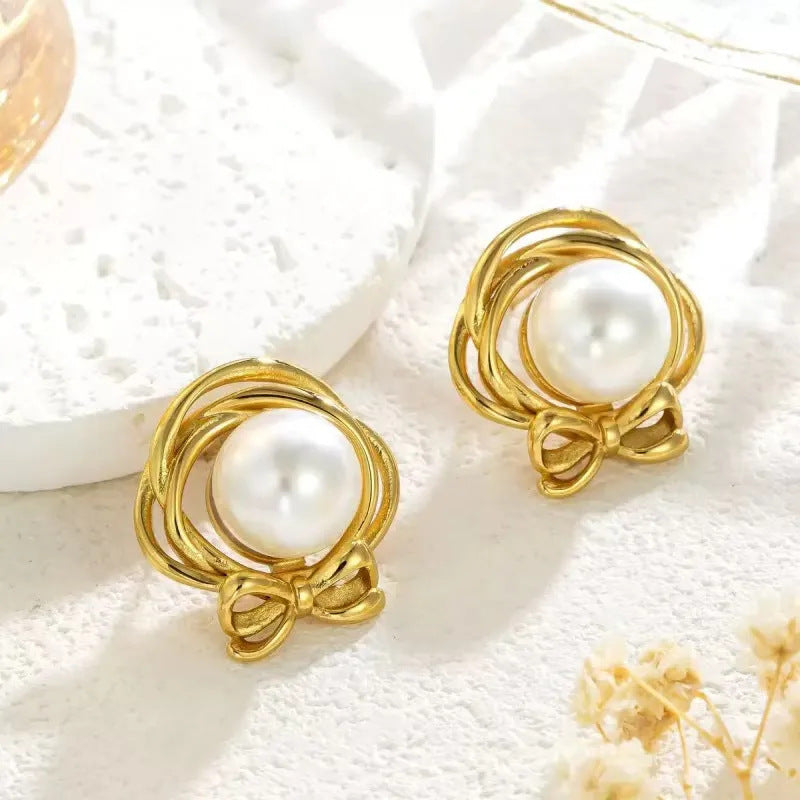 Vintage Minimalist Geometric Stainless Steel Plated Pearl Earrings