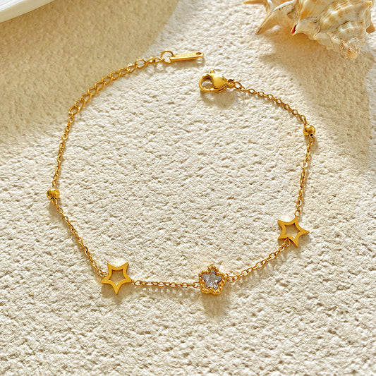 Minimalist Luxury Titanium Steel Plated Hollow Floral Cubic Zirconia Beaded Bracelet