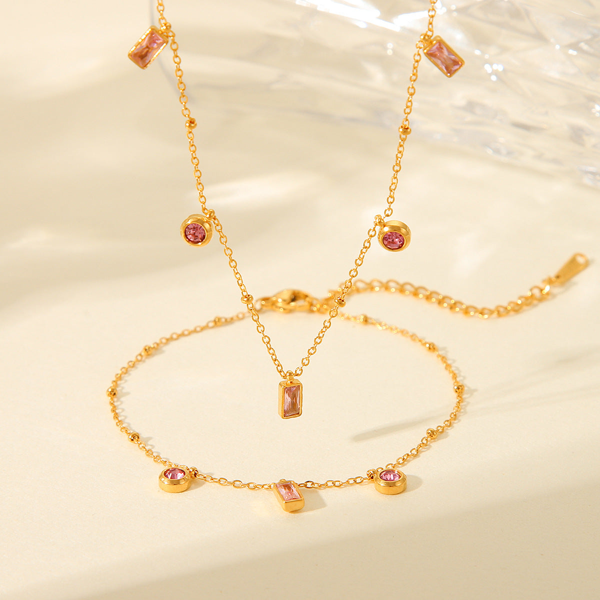 Minimalist Geometric Titanium Steel Necklace with 18K Gold Plating and Pink-Purple Zircon Pendant, Delicate Clavicle Chain for Women