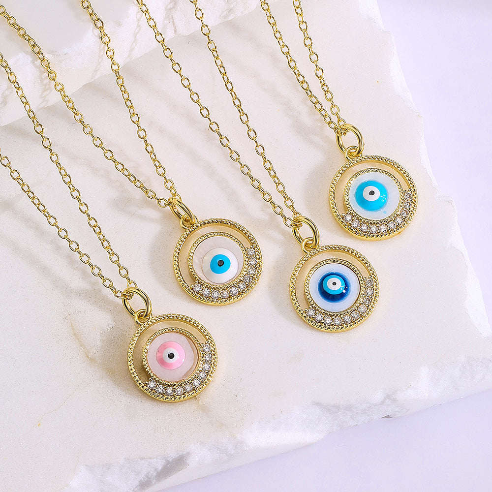 Collana pendente con occhio di Allah minimalista geometrico in rame con smalto e intarsio di zirconi per donna
