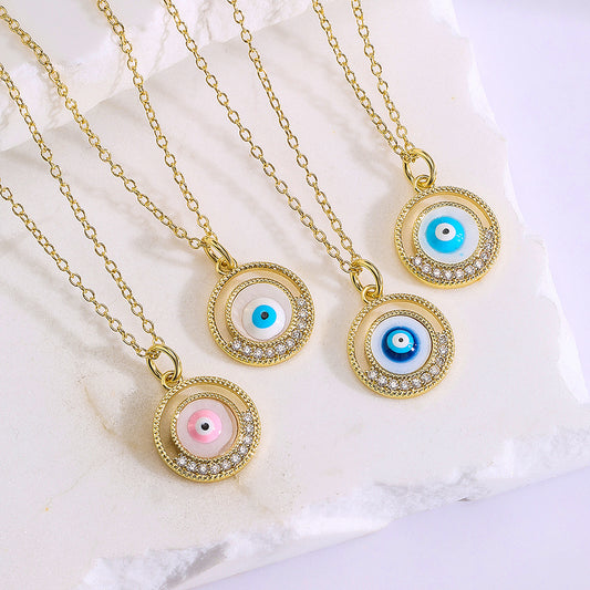 Minimalist Geometric Evil Eye Pendant Necklace in Copper with Enamel Finish and Zircon Inlay for Women