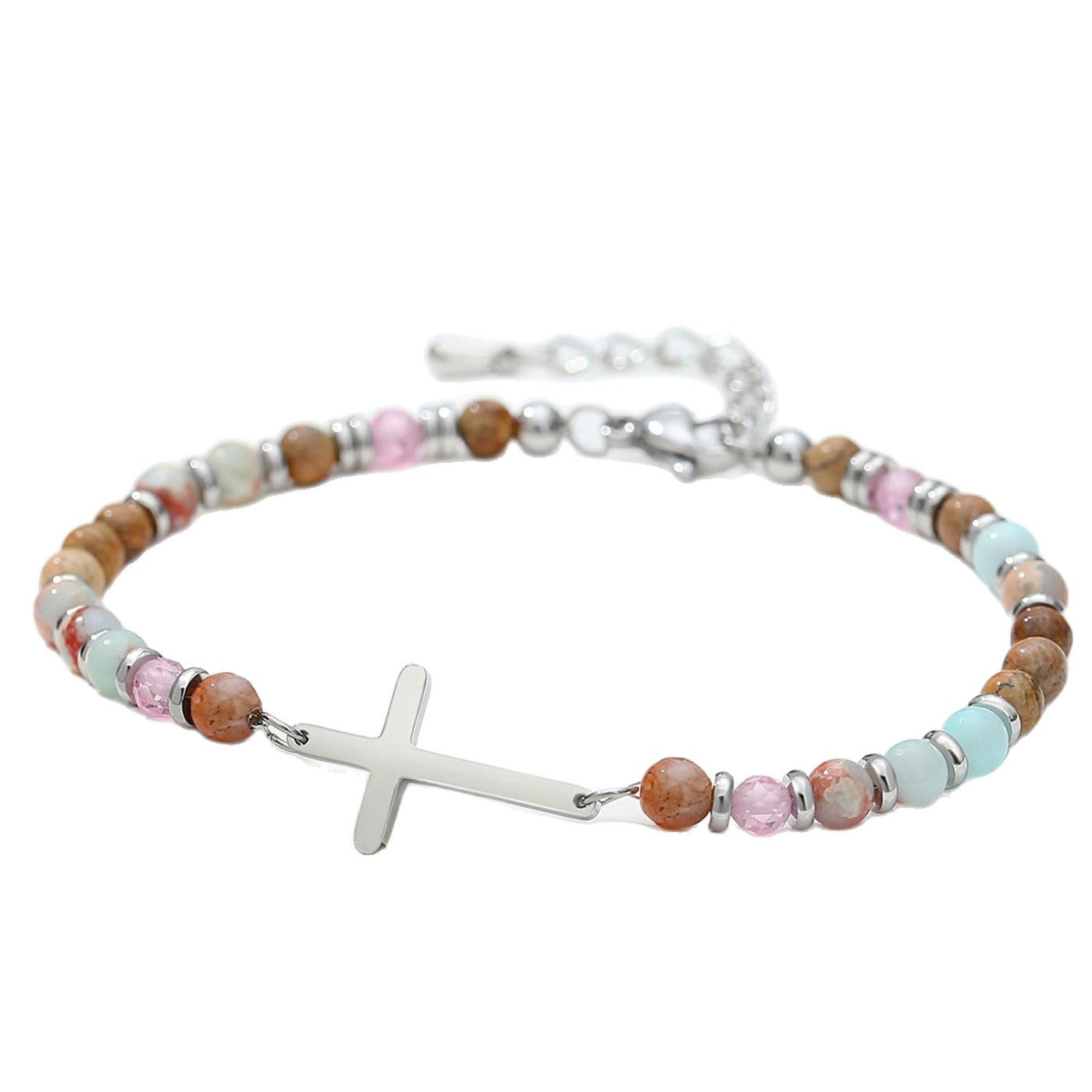 Natural Stone Cross Bracelet Stainless Steel Adjustable Chain Unisex
