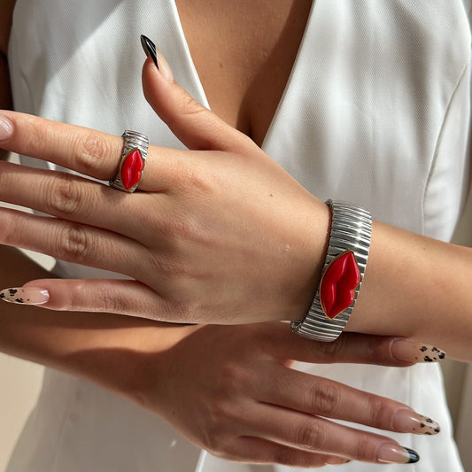 Set de Anillo y Pulsera de Labio Elegante Vintage de Acero Inoxidable Enchapado para Mujer