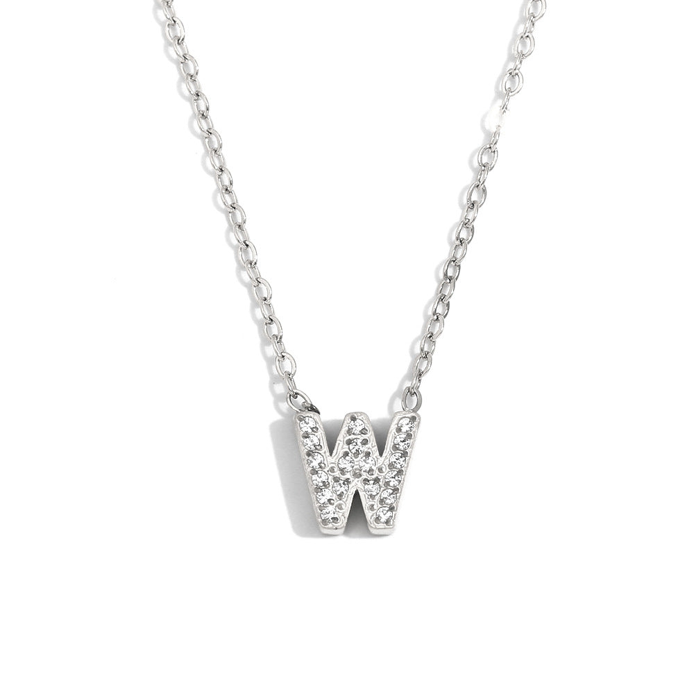 Minimalist Fashion Letter Pendant Necklace for Women Stainless Steel with 18K Gold Plating and Rhinestone Inlay