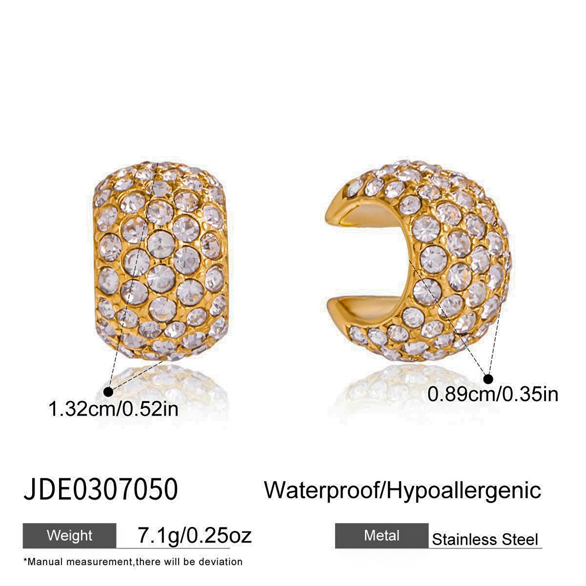 Elegant Geometric Stainless Steel Cubic Zirconia C-Shape Clip-On Earrings for Women