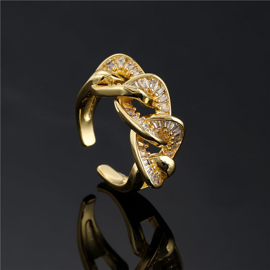 18K Gold Plated Geometric Micro-Inlaid Cubic Zirconia Brass Ring for Women