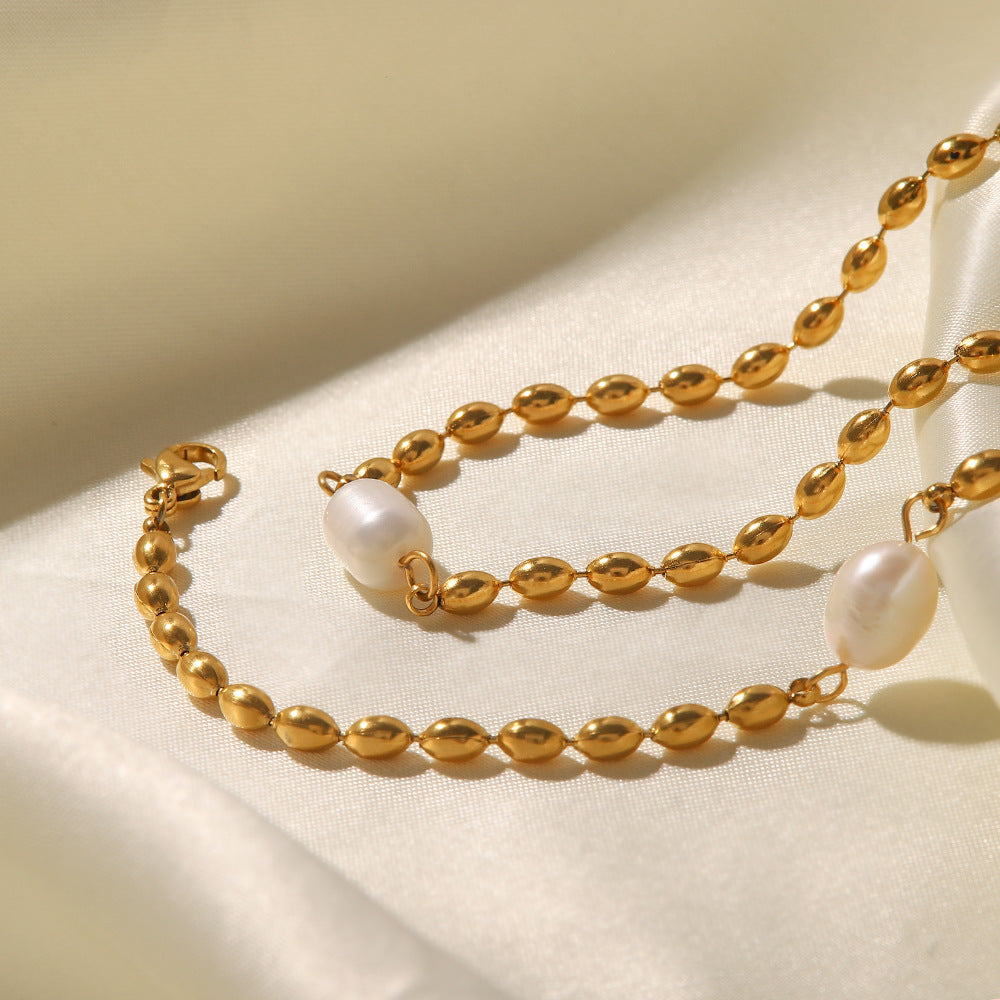 Minimalist Geometric Freshwater Pearl Pendant Titanium Steel Necklace and Bracelet Set for Women