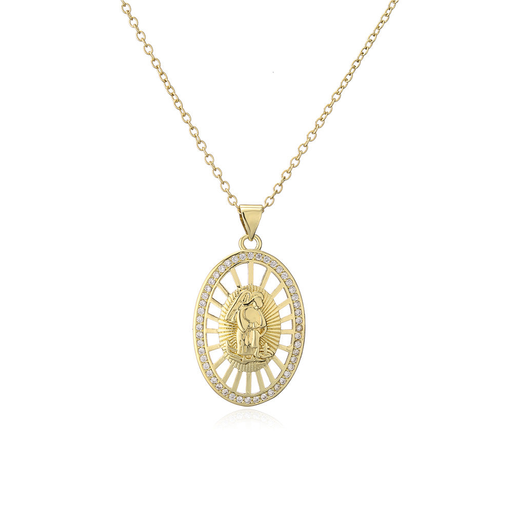 18K Gold Plated Geometric Brass Necklace with Micro-Inlaid Cubic Zirconia Pendant on Cable Chain